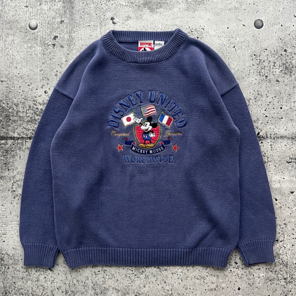 Vintage Mickey Inc Sweater Mens Large Blue Embroidered Flag Knit Disney United